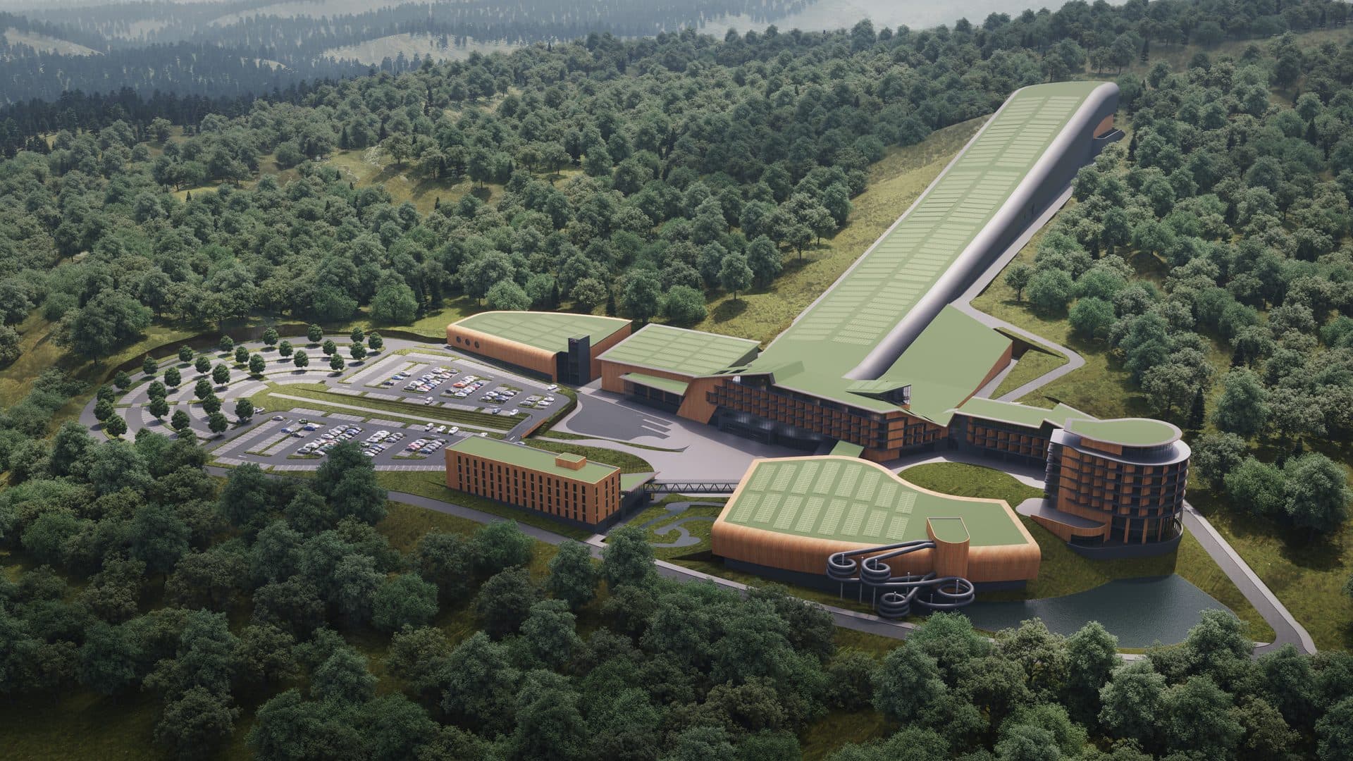 An aerial visualisation of the proposed Rhydycar West resort — a long indoor snow slope running up a wooded hillside, with a hotel, waterpark and car park below