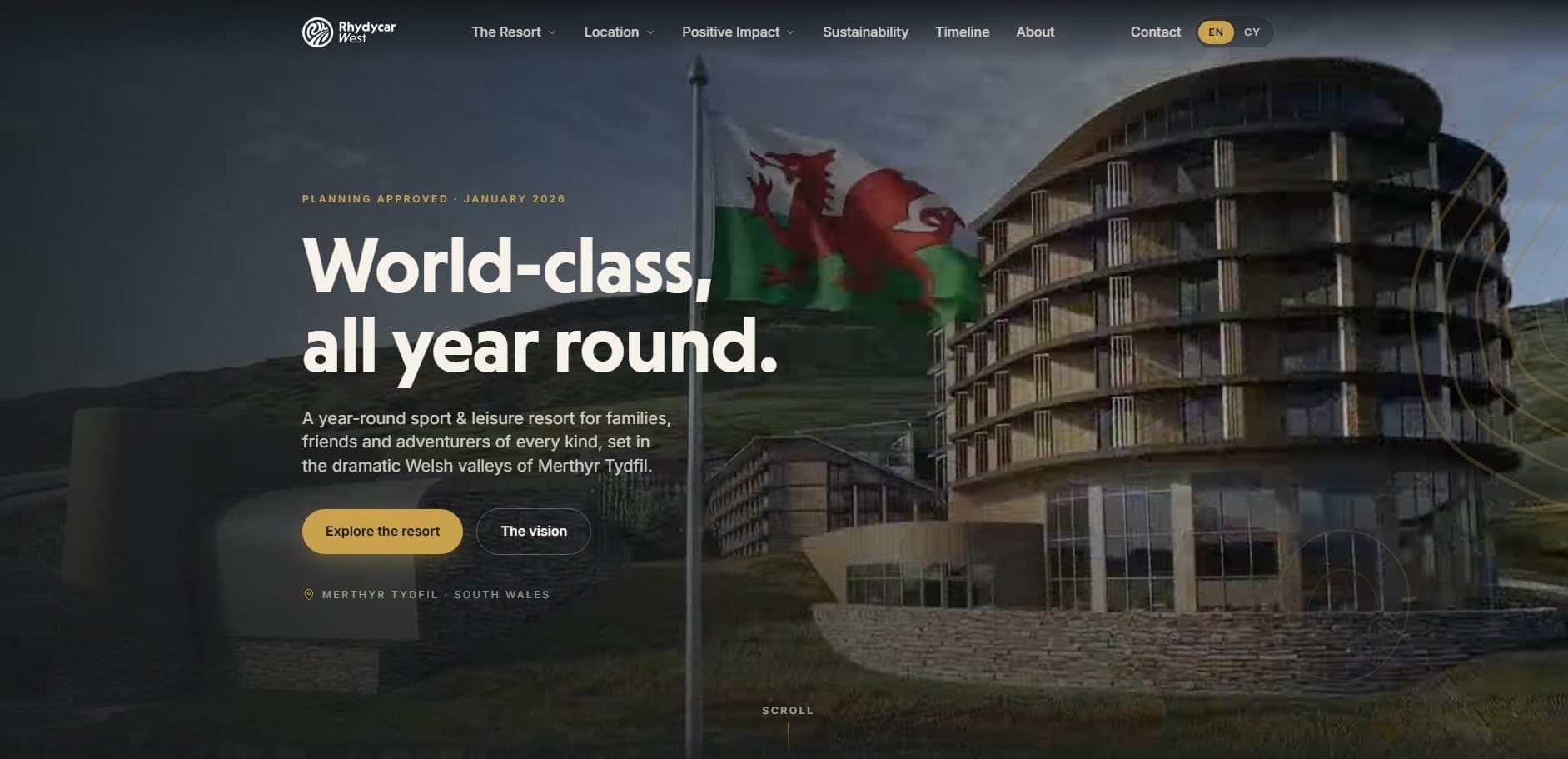 The Rhydycar West homepage, headed "World-class, all year round" above a strapline reading Planning Approved January 2026